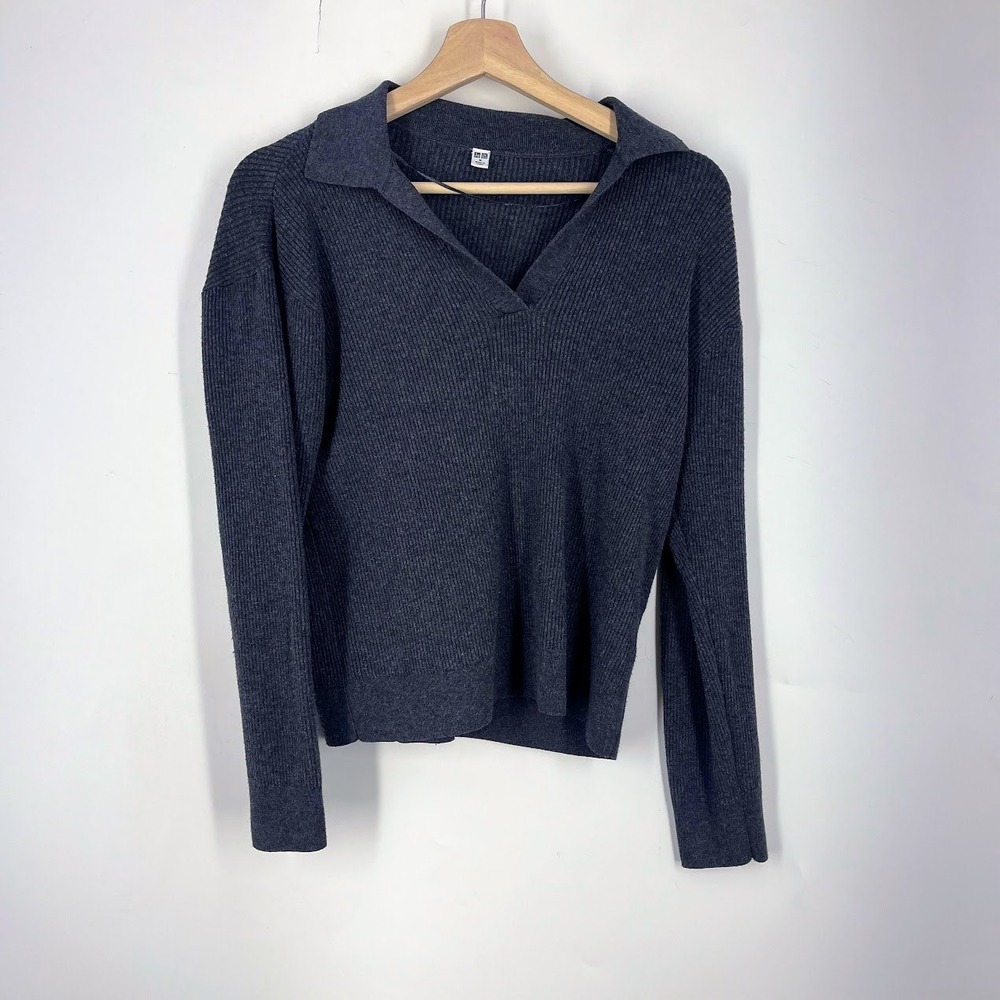 Uniqlo Womens Ribbed Polo Sweater Charcoal Gray V-Neck Long Sleeve Size M 477978